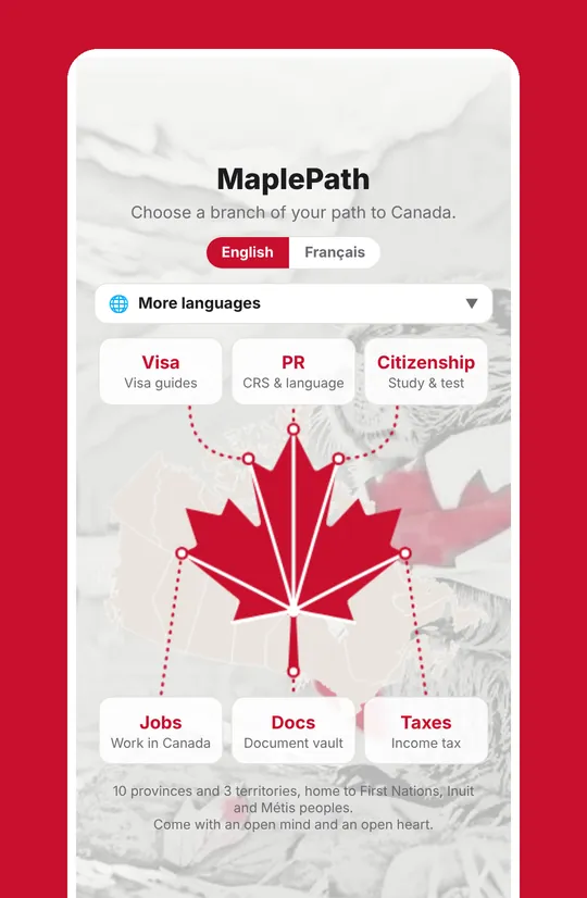 MaplePath home screen: a maple leaf leading to Visa, PR, Citizenship, Jobs, Docs and Taxes
