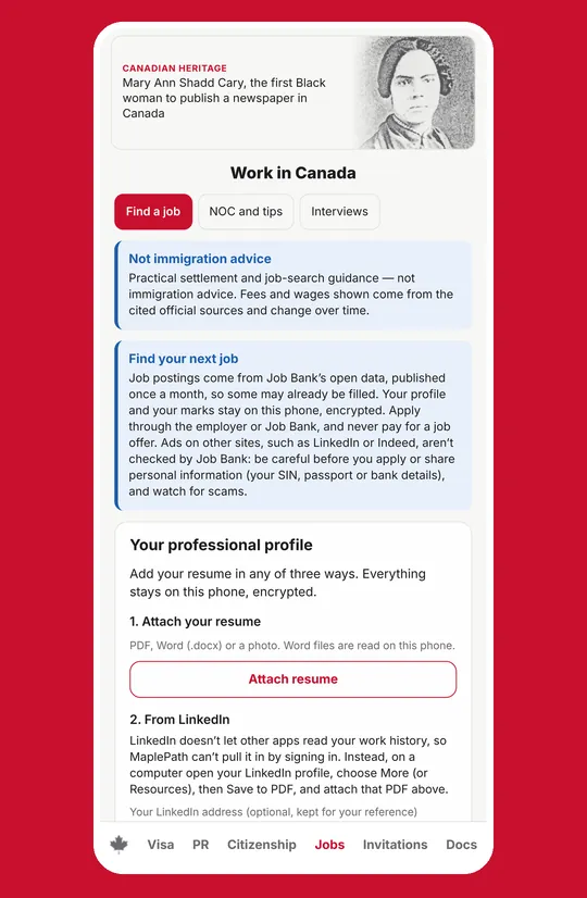 Work in Canada screen with job search and professional profile