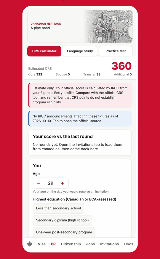 CRS calculator showing an estimated score