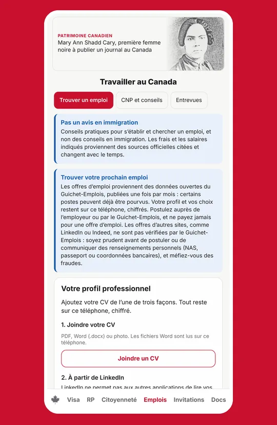 Écran Travailler au Canada avec recherche d'emploi et profil professionnel